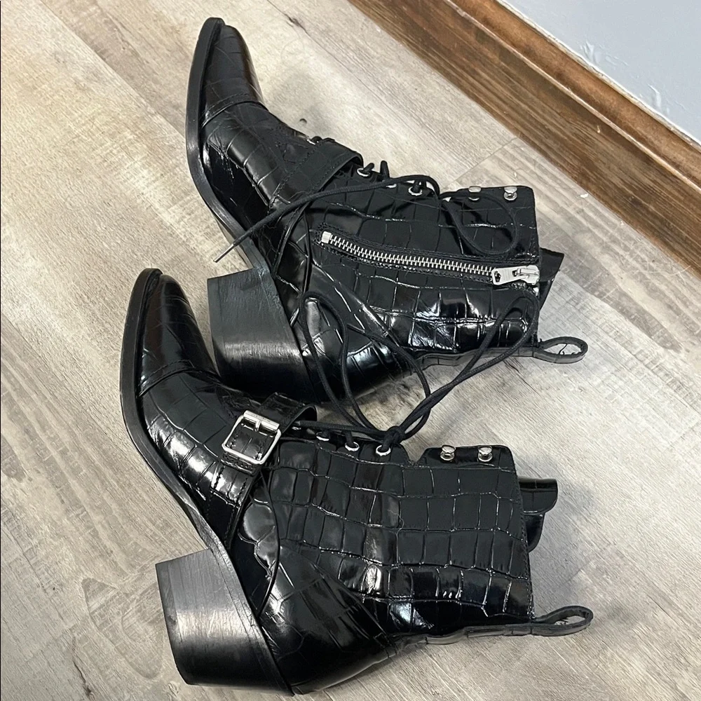 All Saints Black Croc-Embossed Patent Leather Lace-Up Ankle Boots - Picture 5 of 8